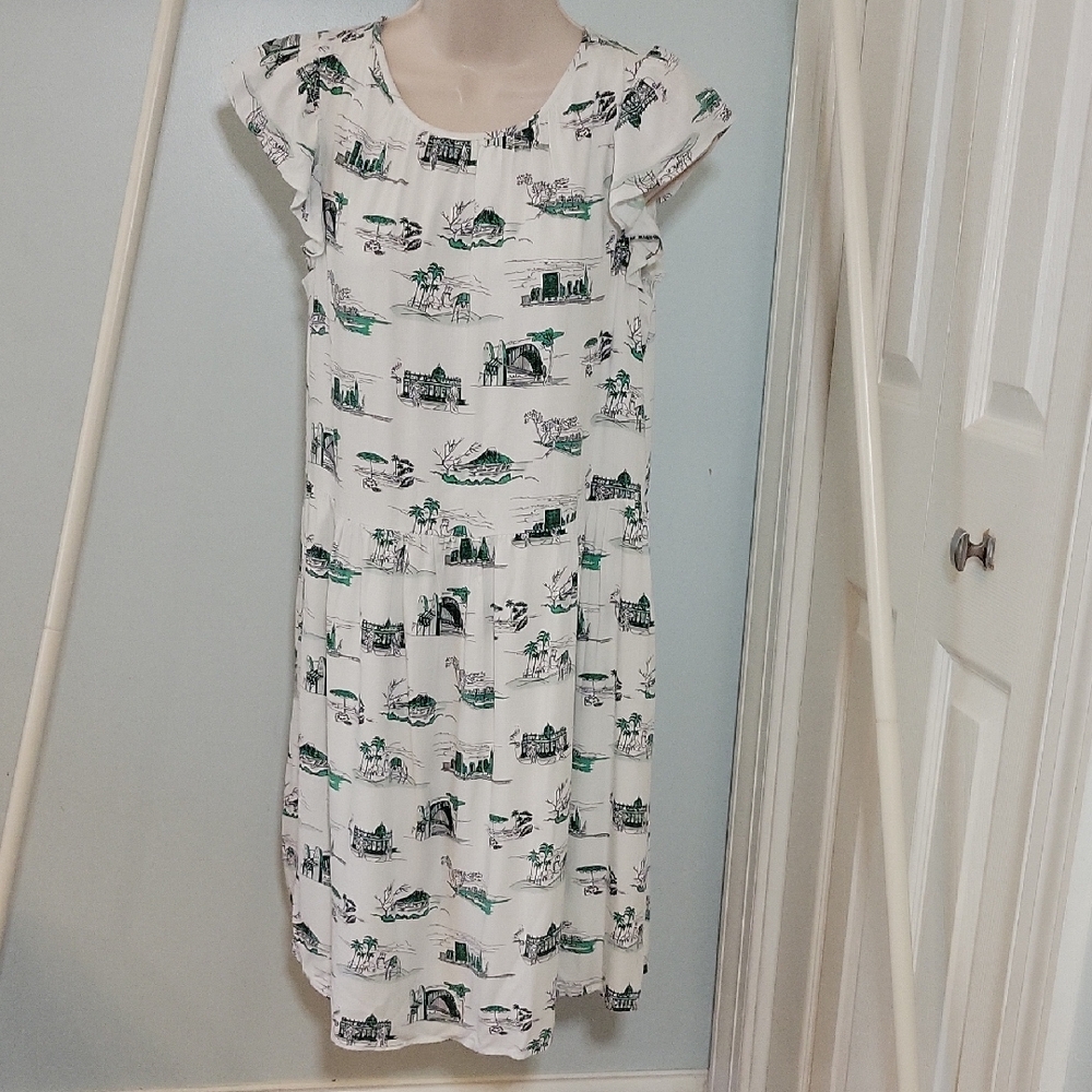 LOFT White and Green Landmark Printed Travel Dress NWT Size XS